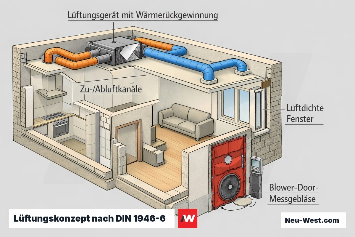 Querschnitt einer sanierten Altbauwohnung mit zentralem Lüftungsgerät mit Wärmerückgewinnung, Zu-/Abluftkanälen, luftdichten Fenstern und Blower-Door-Messgebläse.