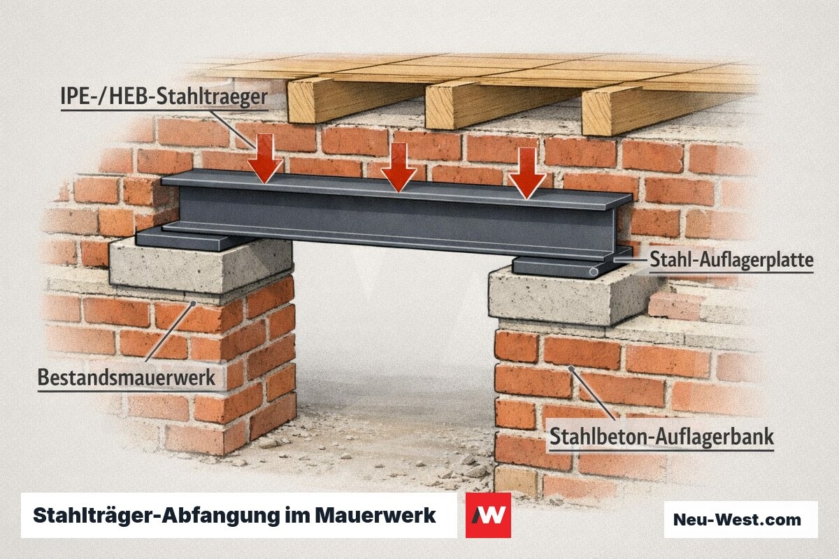 Querschnitt einer Wanddurchbruch-Abfangung: Stahlträger auf breiten Auflagerplatten und Stahlbeton-Auflagerbank leitet Last in altes Vollziegel-Mauerwerk ein.