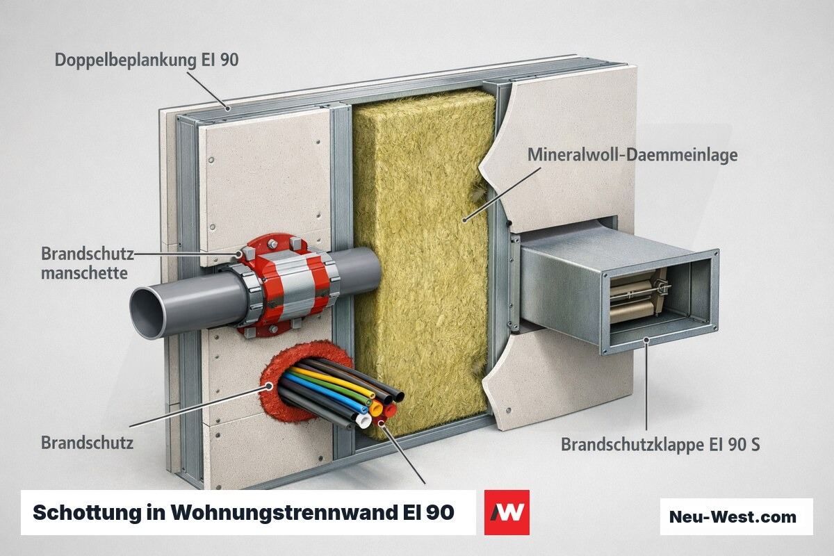 Cutaway einer Trockenbau-Wohnungstrennwand EI 90 mit Mineralwolle, Brandschutzmanschette an Rohr, Kabelschott und Brandschutzklappe im Lüftungskanal.