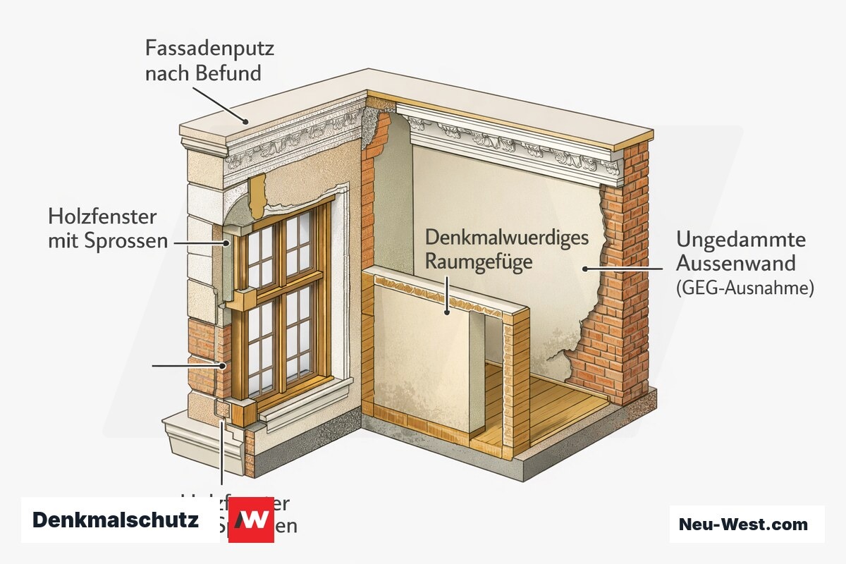 Cutaway eines Berliner Altbaus mit denkmalgeschützten Bauteilen: Holzfenster mit Sprossen, Fassadenputz nach Befund, Raumgefüge und ungedämmte Außenwand.