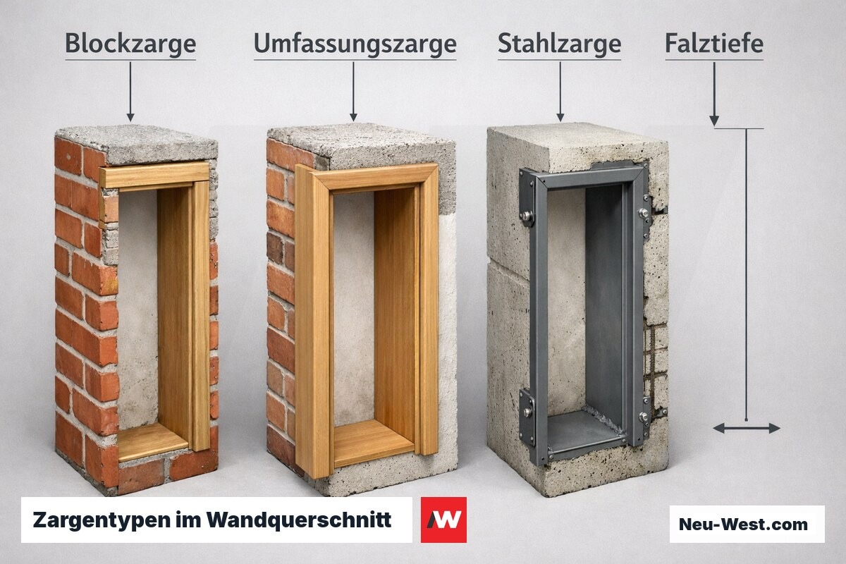 Zargentypen im Wandquerschnitt: Blockzarge, Umfassungszarge, Stahlzarge – Erklär-Grafik (NEUWEST Berlin)