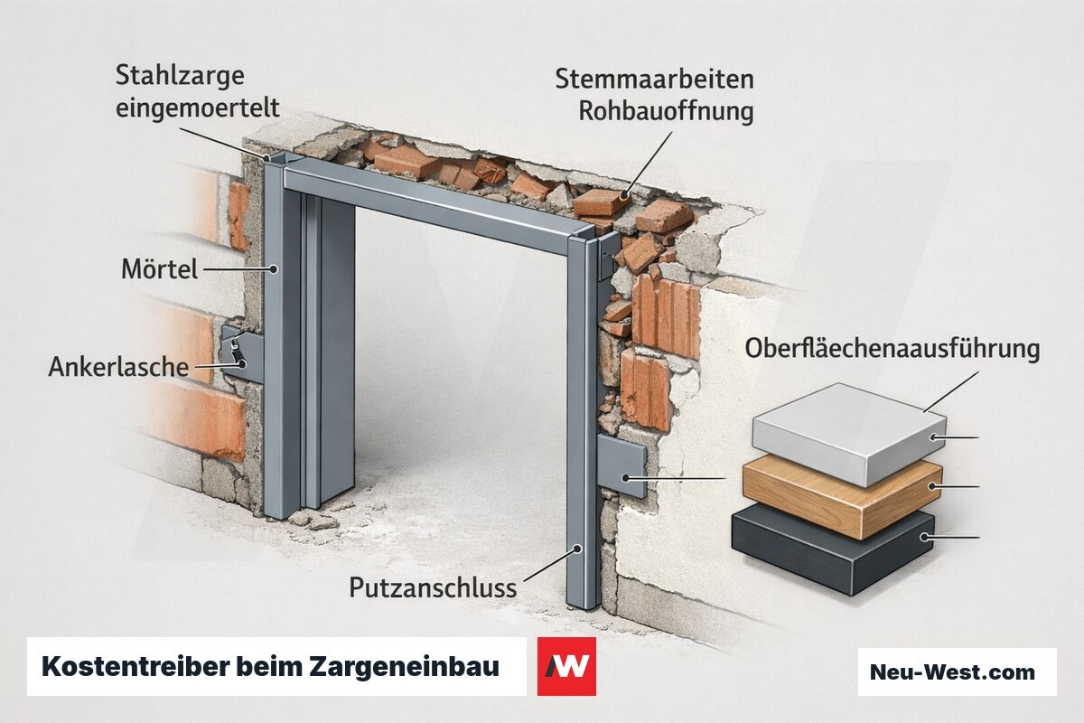 Cutaway-Detail einer eingemörtelten Stahlzarge in ausgestemmter Rohbauöffnung mit Putzanschluss und Oberflächenvarianten als Kostentreiber.