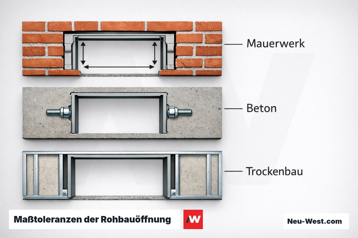 Maßtoleranzen der Rohbauöffnung nach Wandbaustoff – Erklär-Grafik (NEUWEST Berlin)