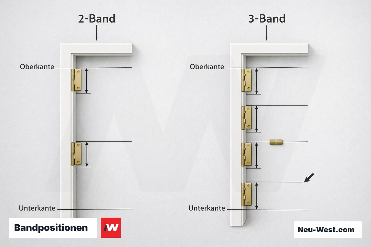 Bandpositionen: 2-Band- vs. 3-Band-Montage nach Einbaurichtlinie – Erklär-Grafik (NEUWEST Berlin)