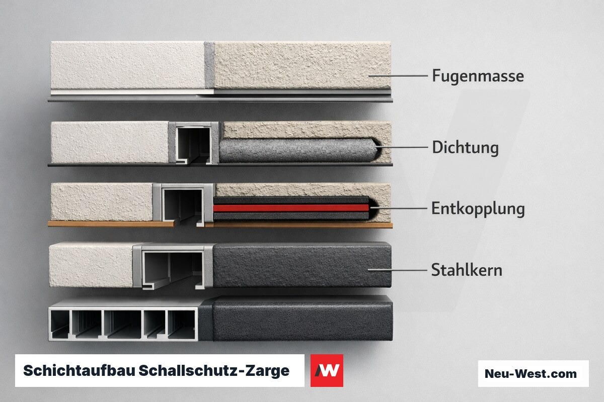 Schichtaufbau Schallschutz-Zarge vs. Standard-Zarge – Erklär-Grafik (NEUWEST Berlin)