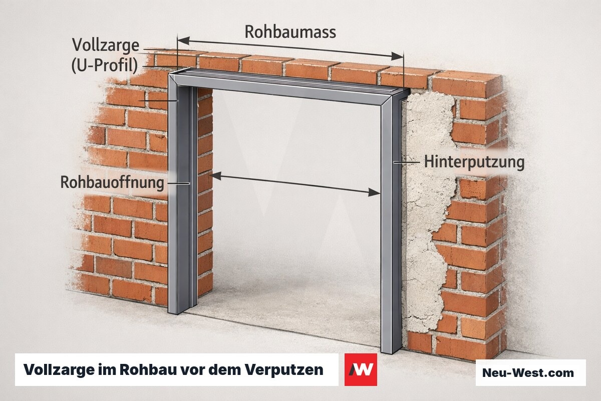 Cutaway einer Blockzarge als starres U-Profil, eingesetzt in die gemauerte Rohbauöffnung mit Hinterputzung und Rohbaumaß vor dem Verputzen.