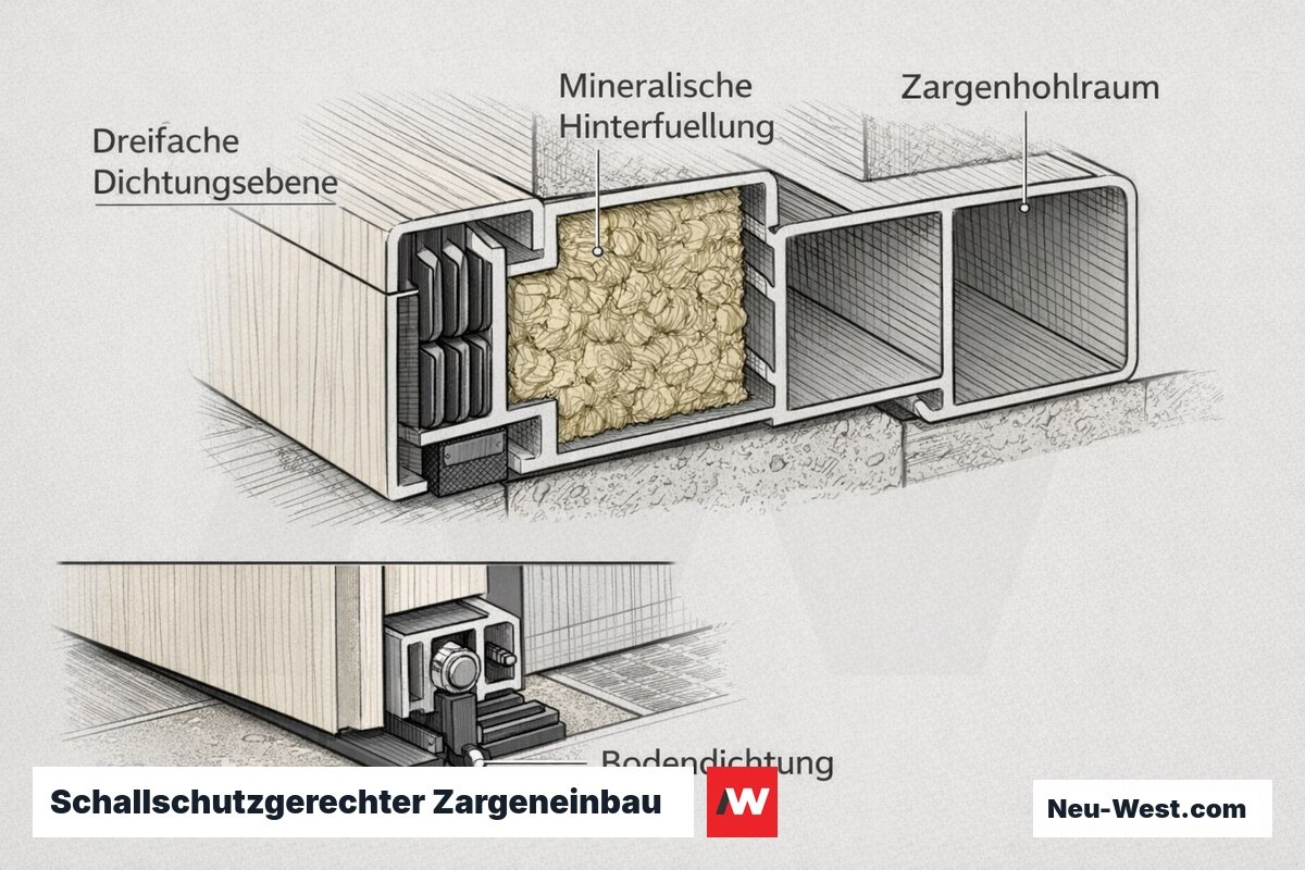 Querschnitt einer Schallschutztür: Zarge mit dreifacher Dichtung, mineralischer Hohlraum-Hinterfüllung und abdichtender Bodendichtung nach DIN 4109.