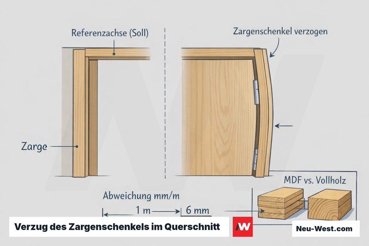 Querschnitt eines verzogenen Holzzargenschenkels mit Referenzachse, klemmendem Türblatt, Abweichungsmaß und Materialvergleich MDF gegen Vollholz.