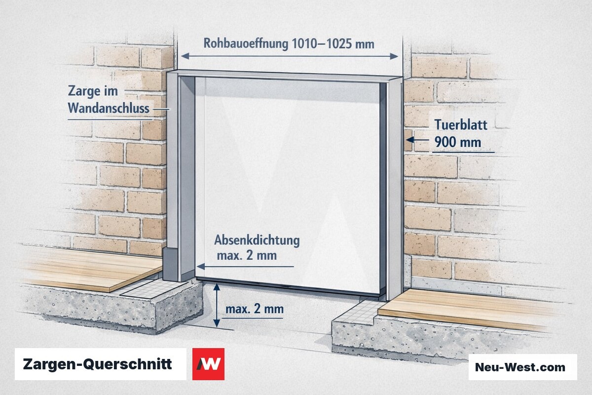 Querschnitt einer barrierefreien Türzarge mit flacher Bodenschwelle, Absenkdichtung und Maßangaben für Rohbauöffnung und Türblattbreite nach DIN 18040.