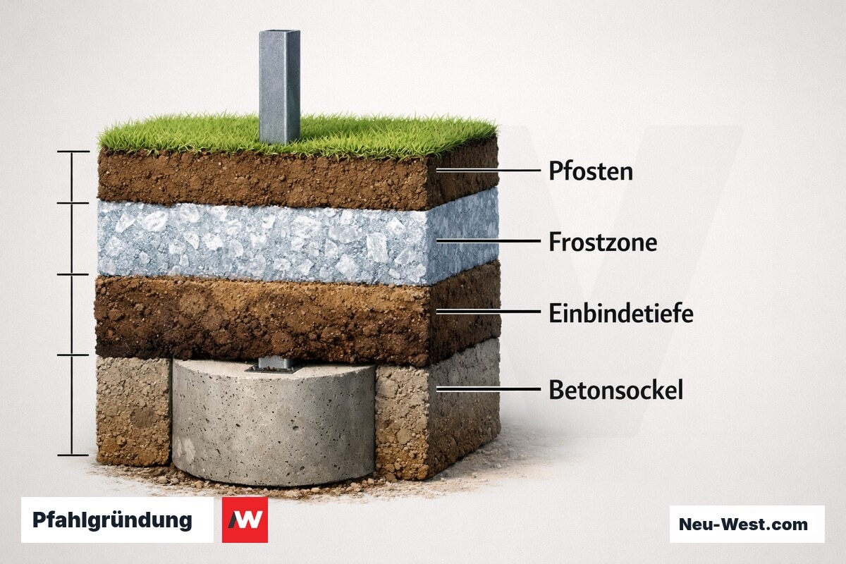 Pfahlgründung: Frosttiefe 80 cm und Einbindetiefe (Berlin) – Erklär-Grafik (NEUWEST Berlin)