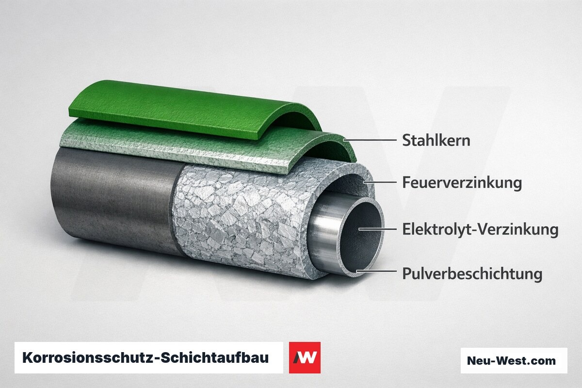 Querschnitt eines Zaunpfostens mit Schichtaufbau: Stahlkern, Feuerverzinkung, elektrolytische Verzinkung und Pulverbeschichtung als Korrosionsschutz-Klassen.