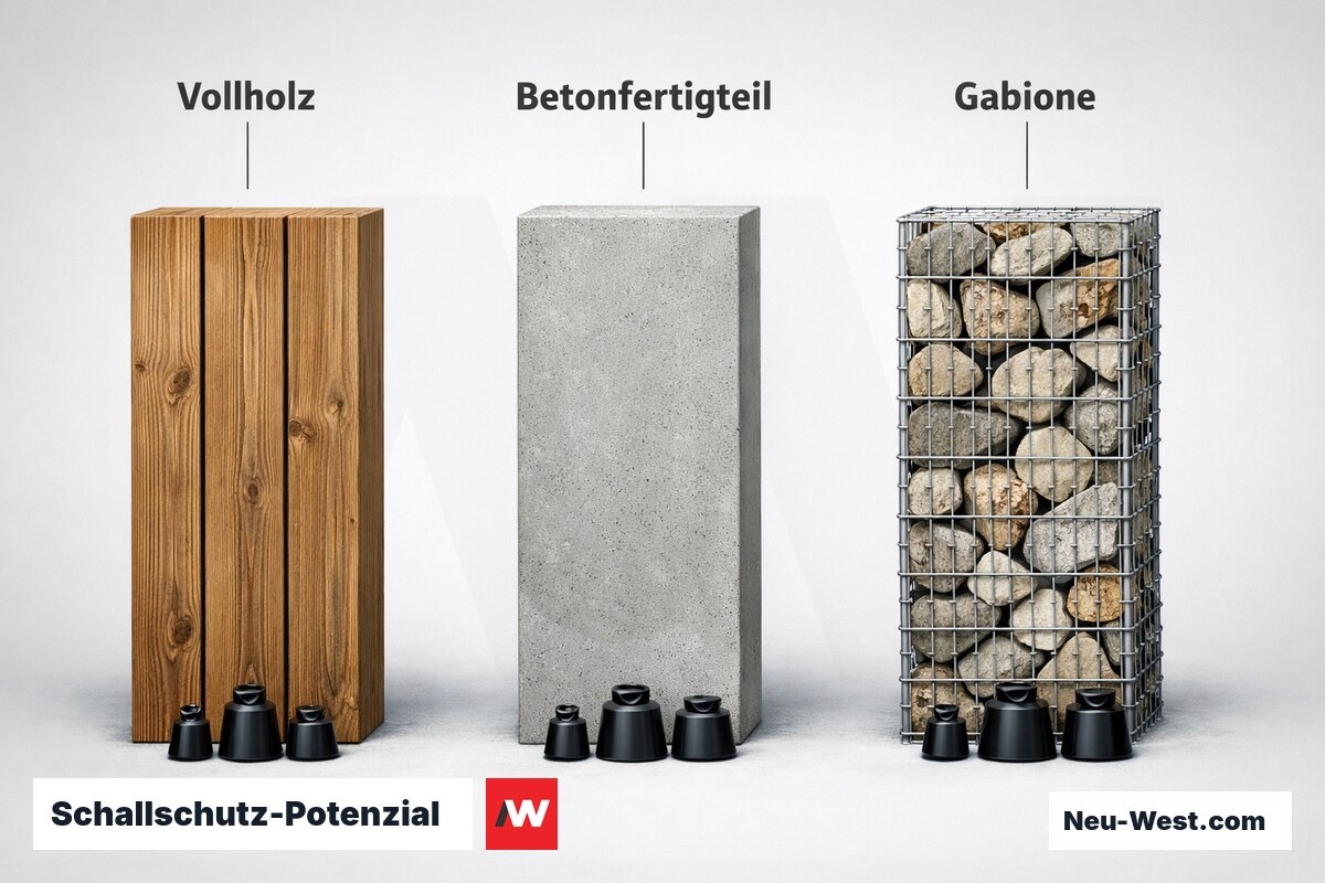 Schallschutz-Potenzial: Zaunmasse und Rw-Werte im Vergleich – Erklär-Grafik (NEUWEST Berlin)