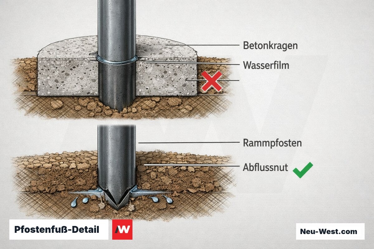 Pfostenfuß-Detail: Betonkragen mit Wasserfilm-Risiko vs. gerammter Pfosten – Erklär-Grafik (NEUWEST Berlin)