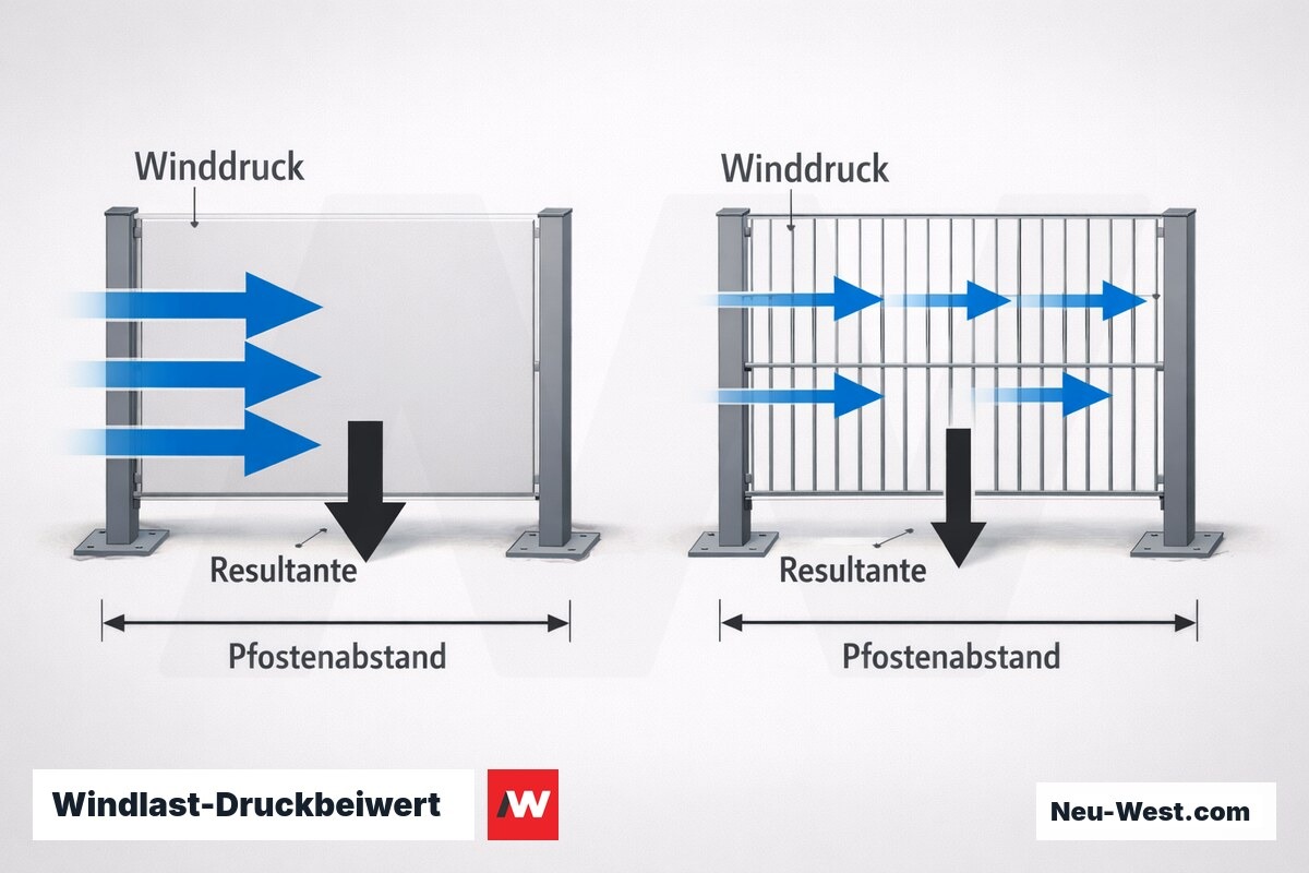 Windlast-Druckbeiwert: Vollwandzaun vs. Stabgitterzaun (Windzone II Berlin) – Erklär-Grafik (NEUWEST Berlin)