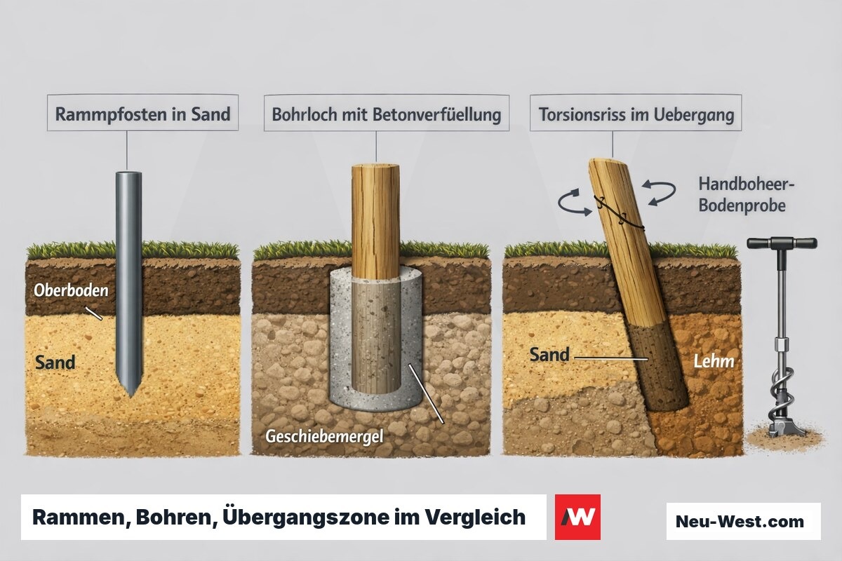 Bodenquerschnitt: gerammter Pfosten in Sand, gebohrter Pfosten mit Beton in Lehm und torsionsgerissener Pfosten im Übergangsbereich mit Handbohrer.