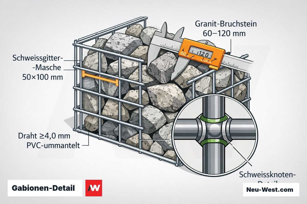 Erklär-Illustration eines Gabionen-Drahtkorbs im Schnitt mit Maschenweite, Granit-Füllstein-Größe und PVC-ummanteltem Schweißdraht.