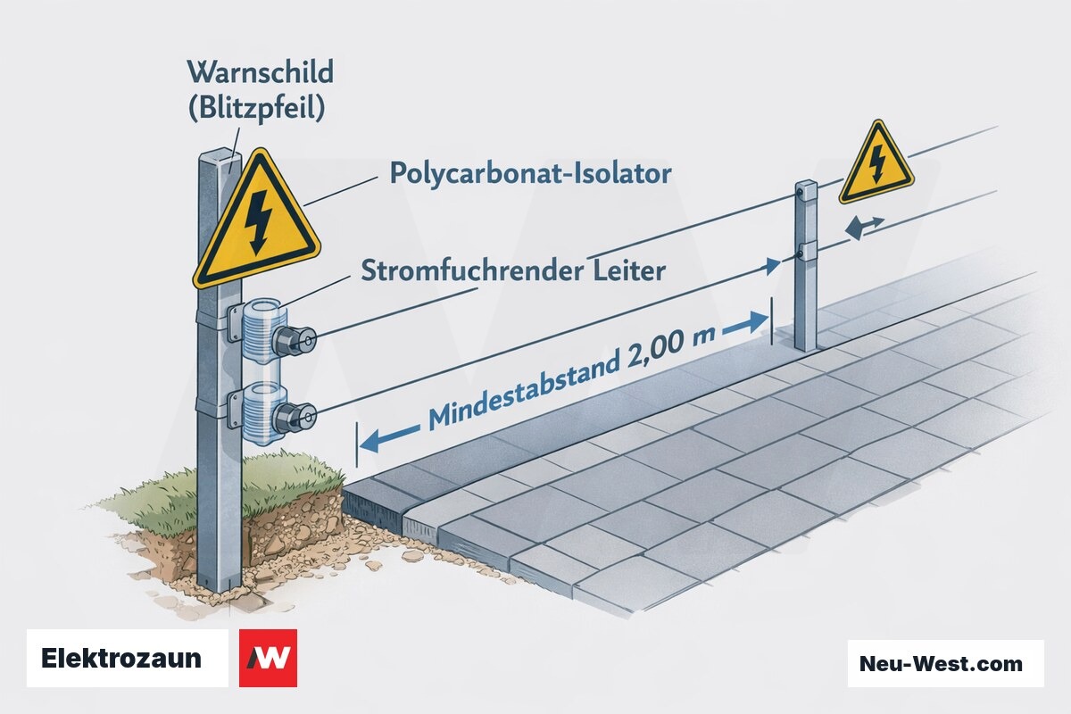 Erklär-Querschnitt eines legalen Elektrozauns mit Warnschild, Polycarbonat-Isolatoren, stromführenden Leitern und 2 m Mindestabstand zum Weg.