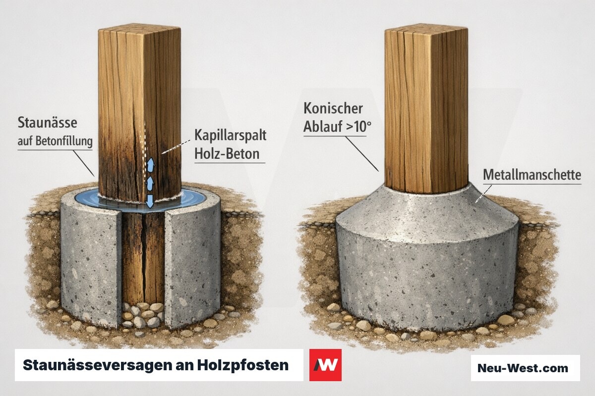 Querschnitt: Holzpfosten in Betontasse mit Kapillarfäule im Spalt und Prävention durch konischen Ablauf und Metallmanschette.