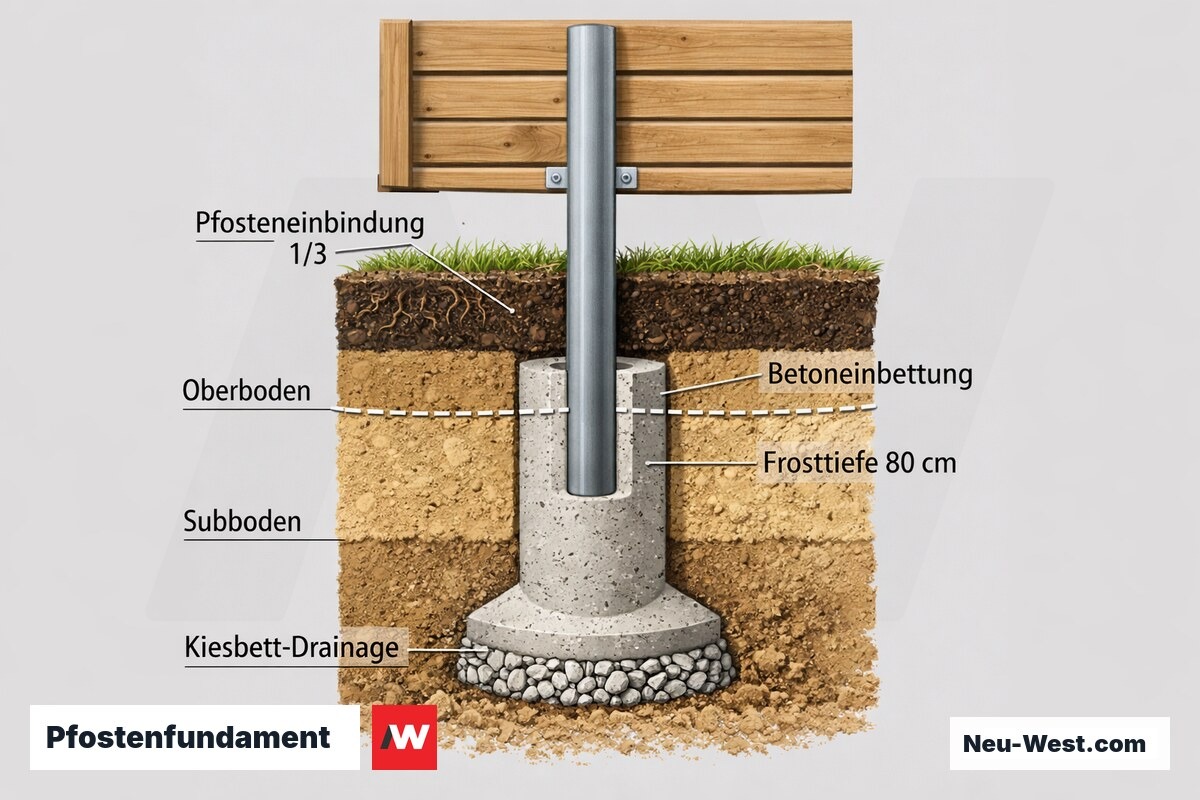 Querschnitt eines Zaunpfostens im Boden: Kiesbett, Betonblock bis unter die Frostgrenze, Pfosteneinbindung 1/3 der Gesamtlänge.
