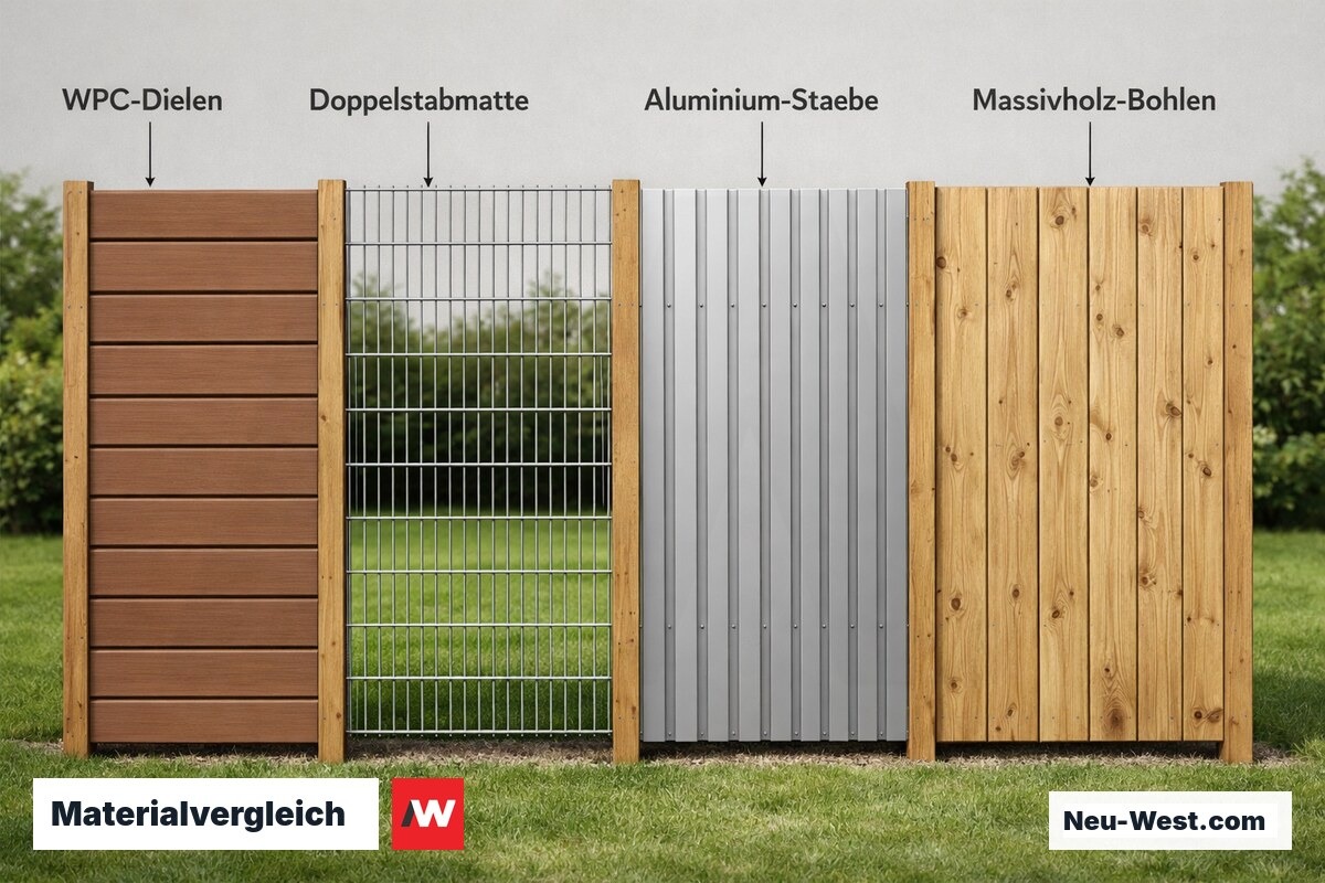Vier Zaunmaterialien nebeneinander: WPC, verzinkter Stahl, Aluminium und Naturholz im direkten Größen- und Texturvergleich.