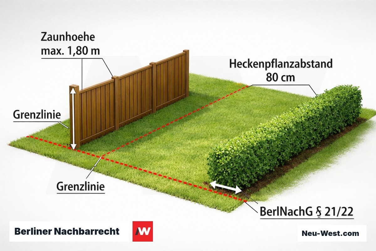 Vogelperspektive zweier Grundstücke: Zaun direkt an der Grenze mit 1,80 m Höhe, Hecke 80 cm Abstand gemäß BerlNachbG.