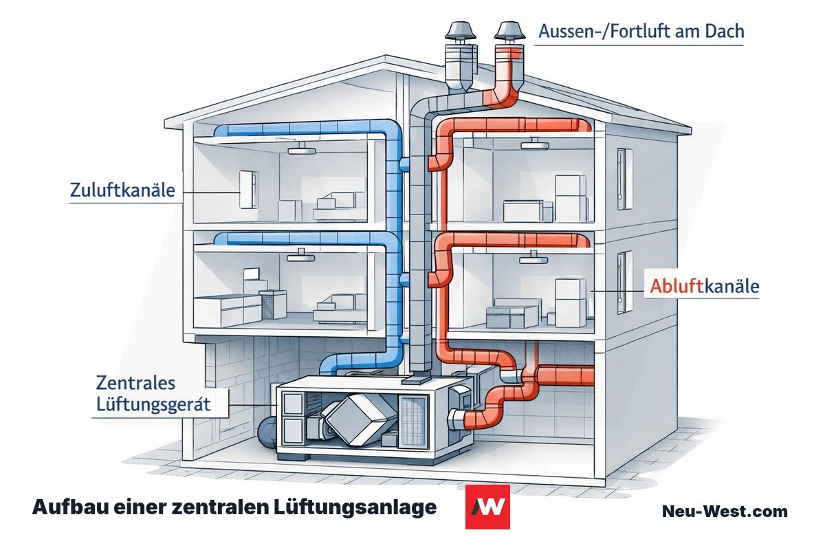 Gebäudequerschnitt mit zentralem Lüftungsgerät, verzweigten Zu- und Abluftkanälen zu allen Räumen sowie Außen- und Fortluftführung über das Dach.