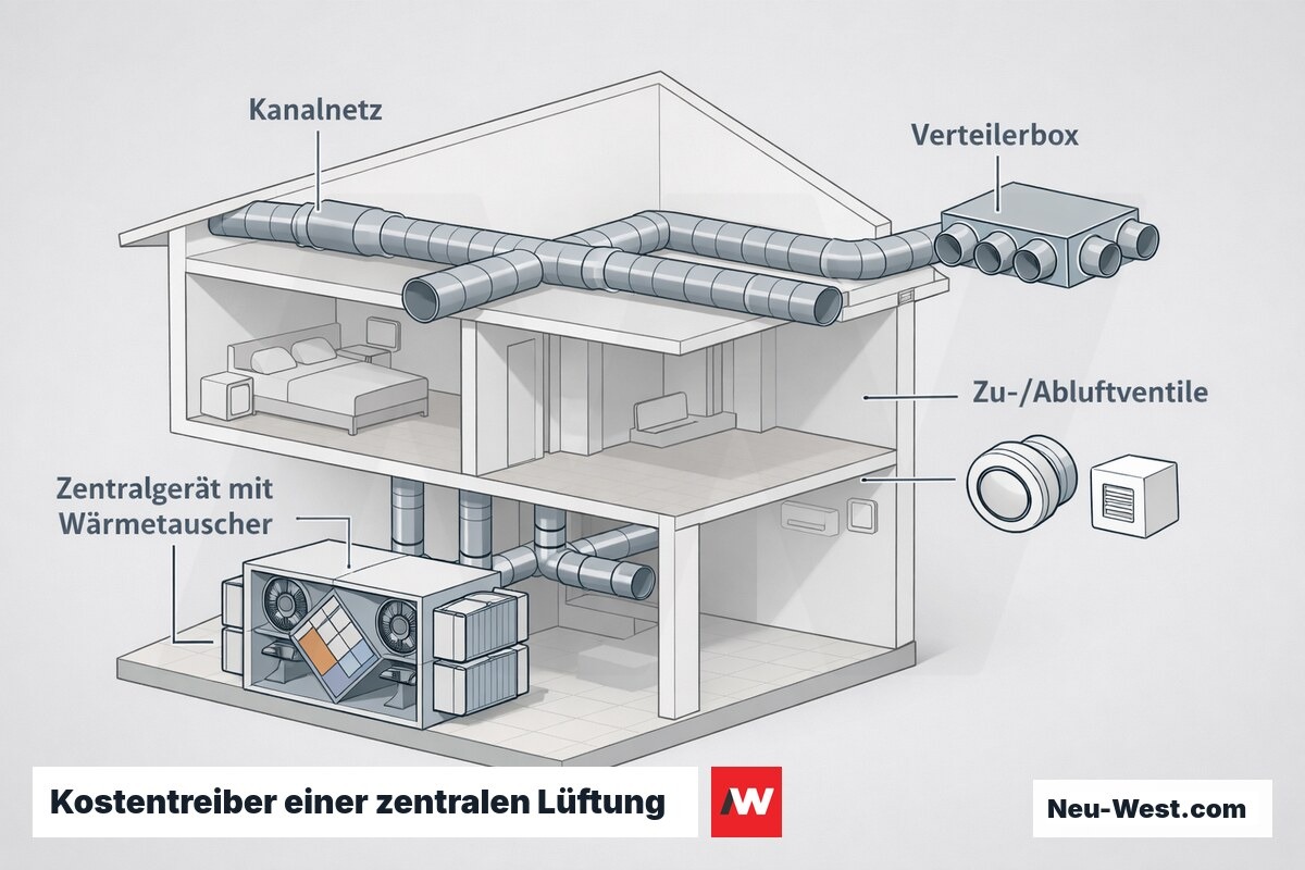 Cutaway eines Hauses mit Zentralgerät, Wärmetauscher, Kanalnetz, Verteilerbox und Luftventilen als Kostentreiber einer zentralen Lüftungsanlage.