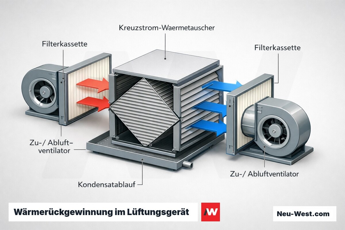 Schnittdetail eines Lüftungsgeräts mit Kreuzstrom-Wärmetauscher, Filterkassetten, zwei Ventilatoren und Kondensatablauf zur Wärmerückgewinnung.