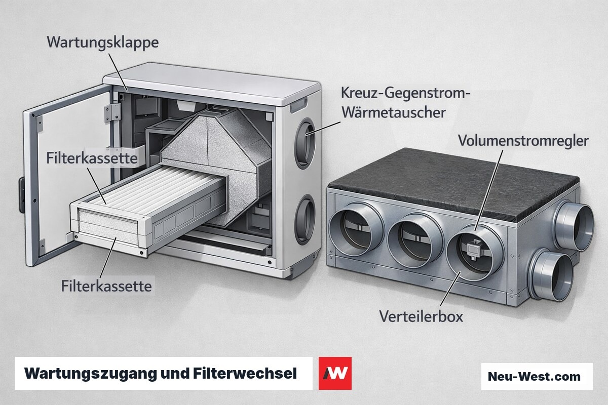 Detailansicht eines Zentralgeraets mit geoeffneter Wartungsklappe, herausziehbarem Filter, Volumenstromreglern und Verteilerbox zur Einregelung.