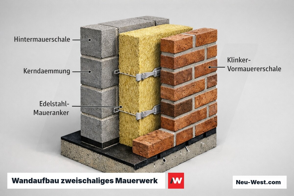 Querschnitt eines zweischaligen Mauerwerks mit Hintermauerschale, Kerndämmung, Maueranker und Klinkerverblender, beschriftet
