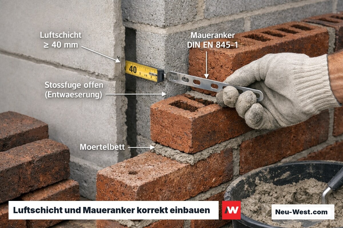 Bauarbeiter setzt Edelstahl-Maueranker in Klinkerverblender, sichtbare 40-mm-Luftschicht zwischen den Mauerschalen