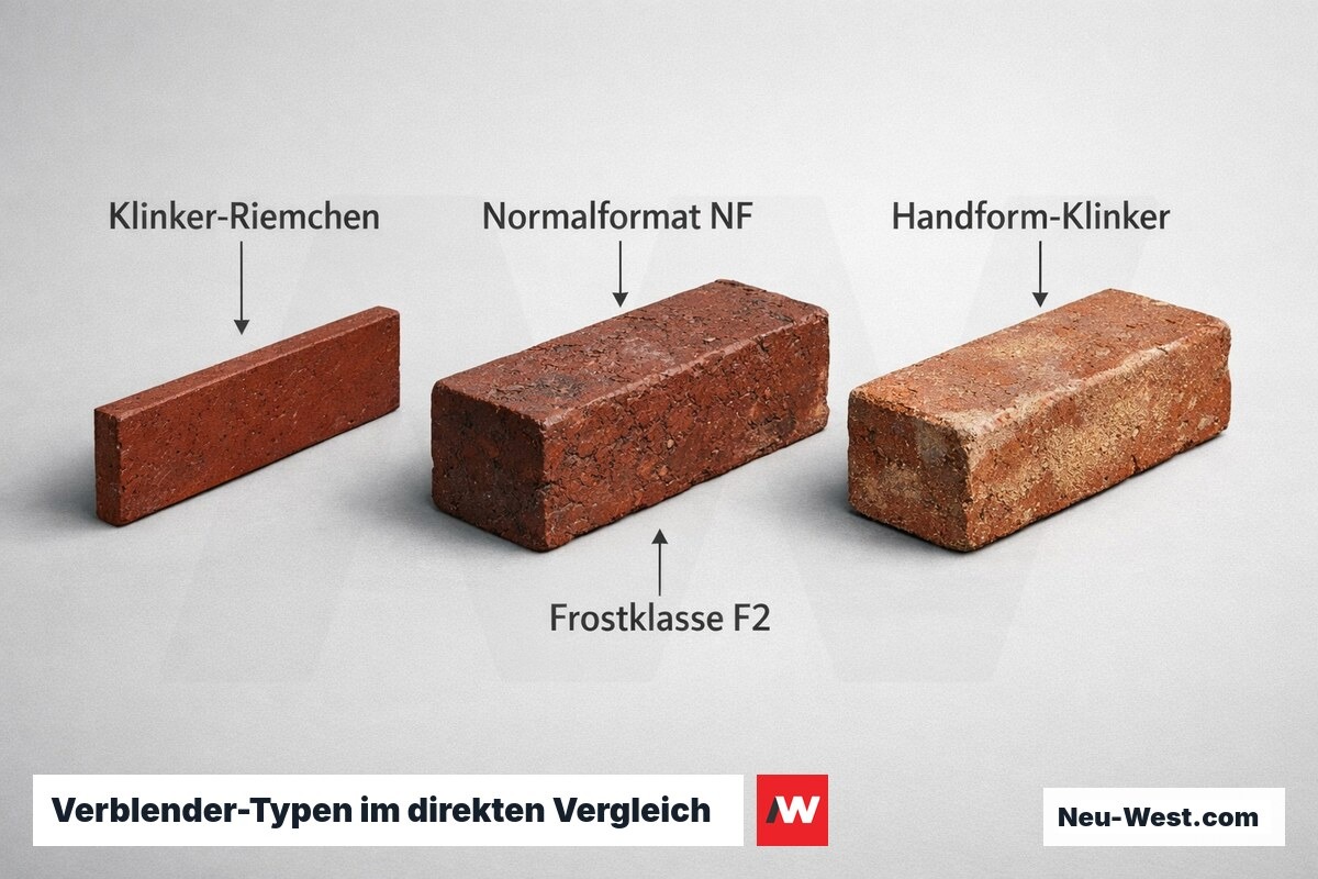 Drei Klinker-Verblendertypen nebeneinander: Riemchen, Normalformat und Handform-Klinker mit unterschiedlichen Oberflächentexturen